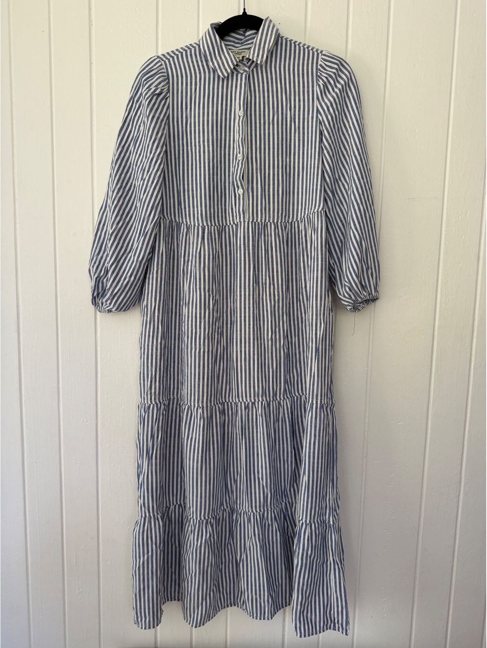 Max Studio Blue and White Striped Long Sleeve Maxi Dress with Button Front XS